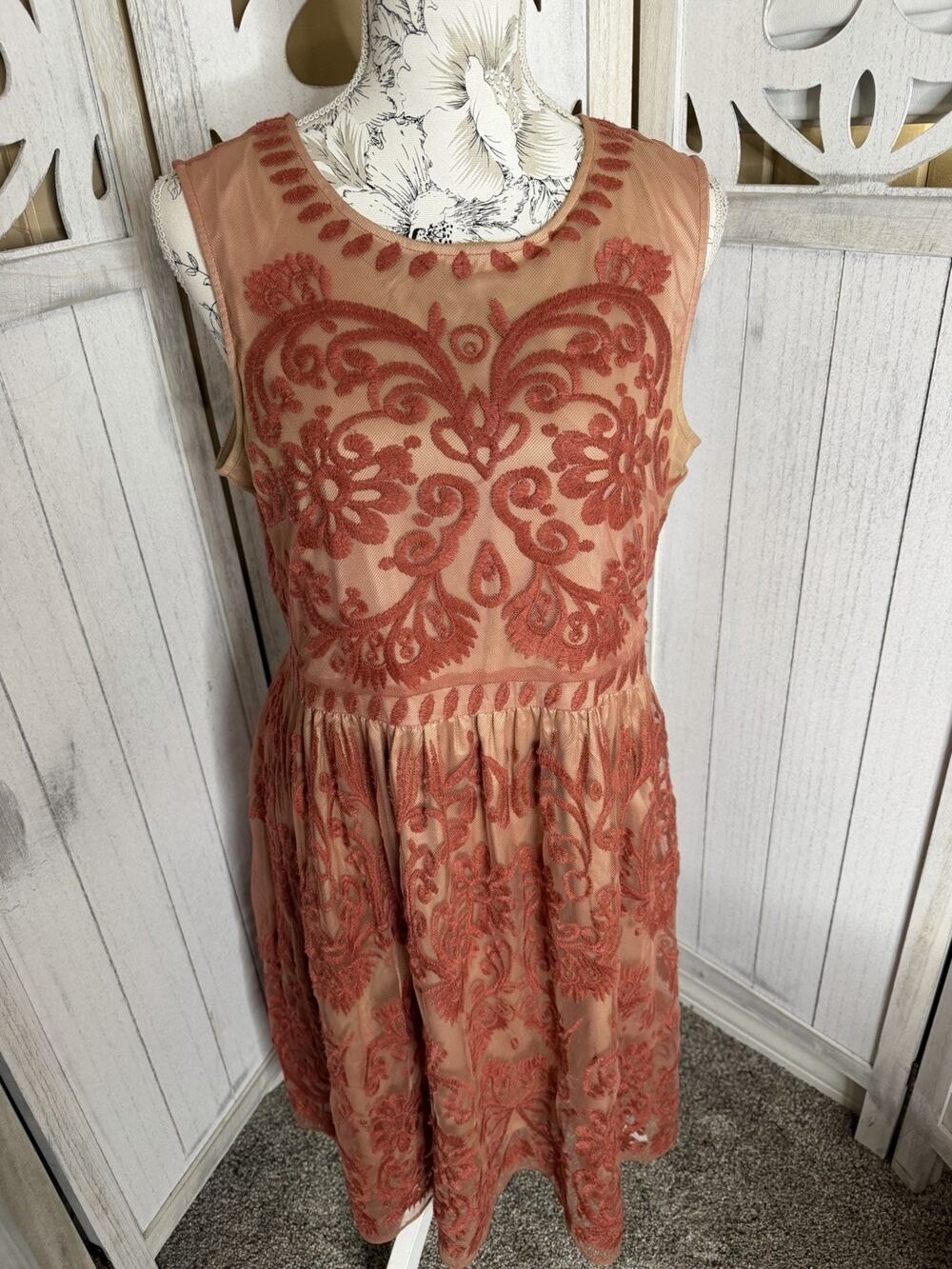 Sundance Embroidered Boho Midi Dress Rust Orange Brown Floral Size 12